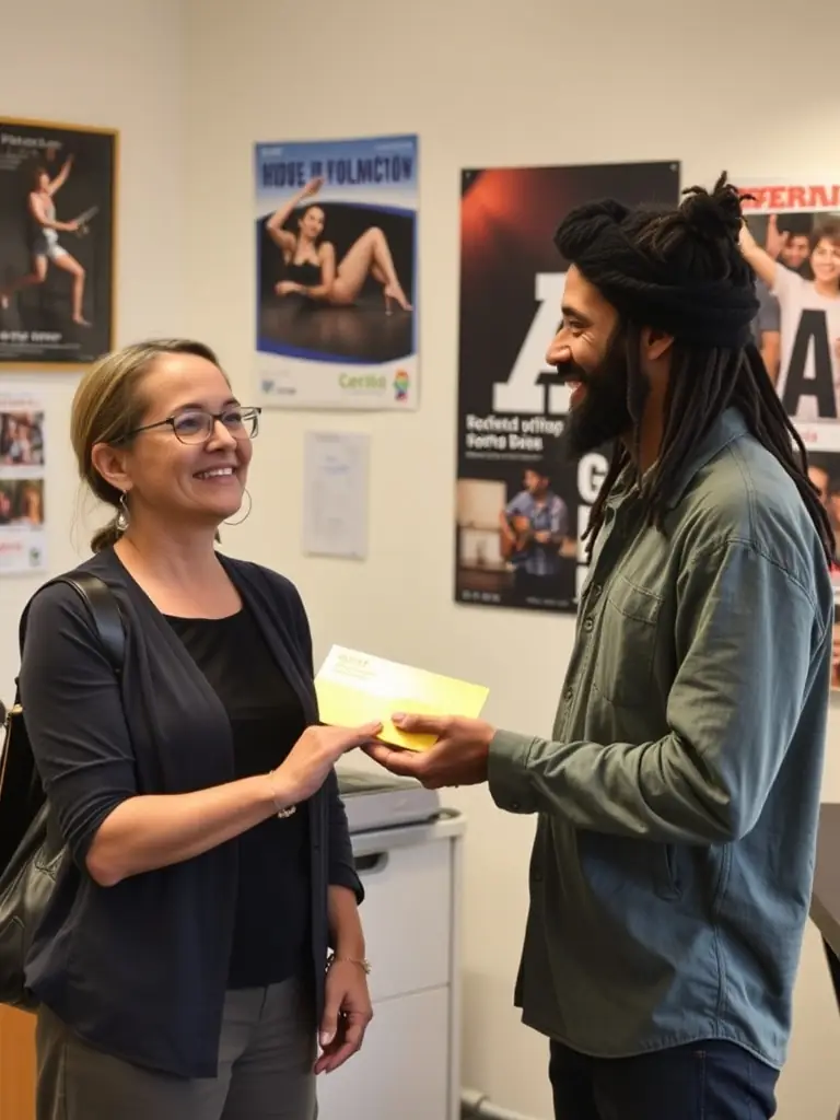 A picture of NO FUEL staff assisting an artist with travel expenses to a performance, illustrating the organization's dedication to removing barriers for artists.