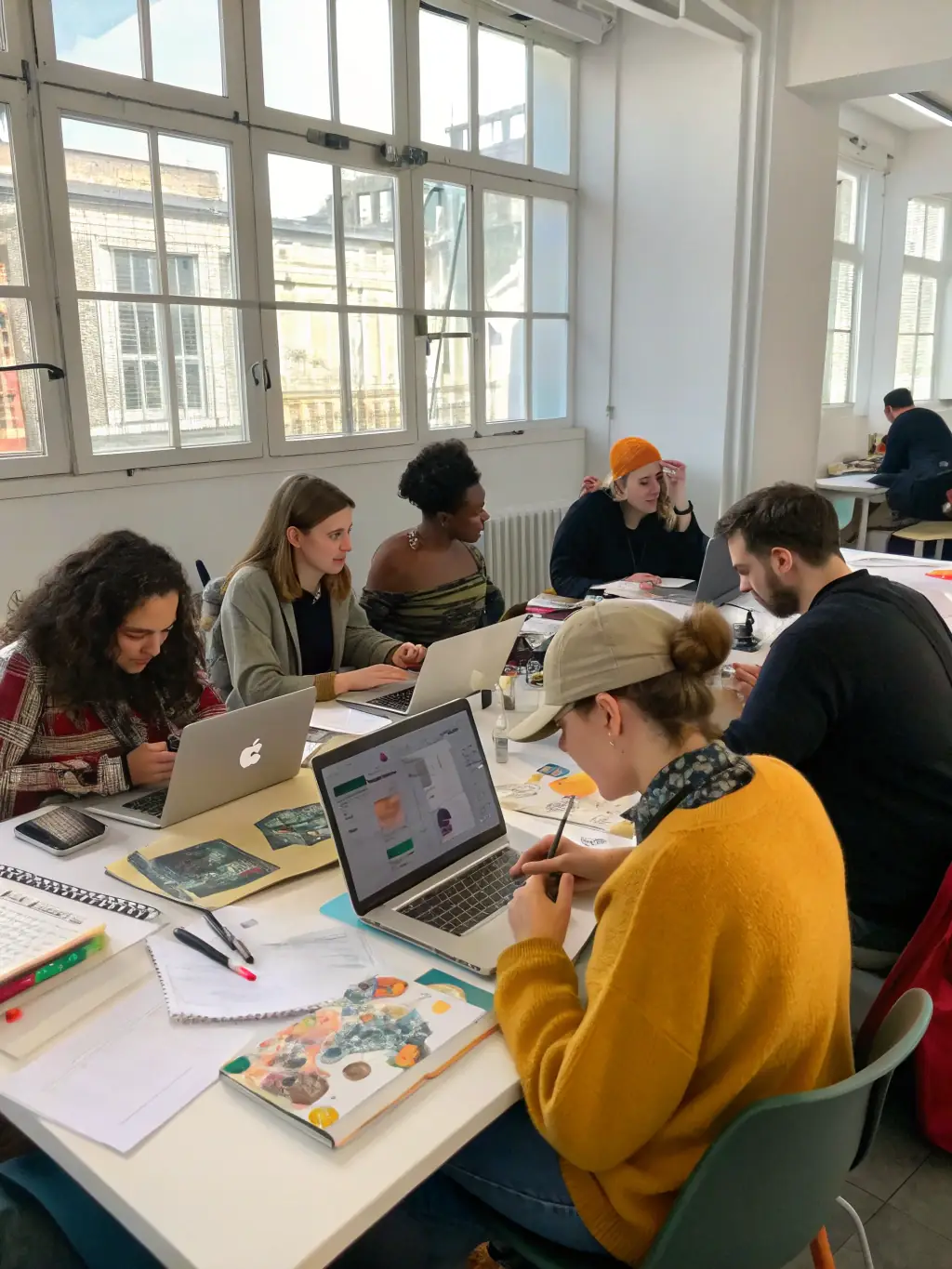 A photograph capturing a diverse group of artists collaborating during a NO FUEL workshop, showcasing the organization's commitment to inclusivity and creative development.