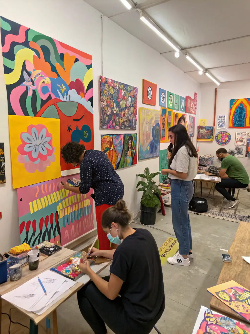 A group of artists participating in a collaborative workshop facilitated by NO FUEL, highlighting the organization's focus on creative expression and skill development.