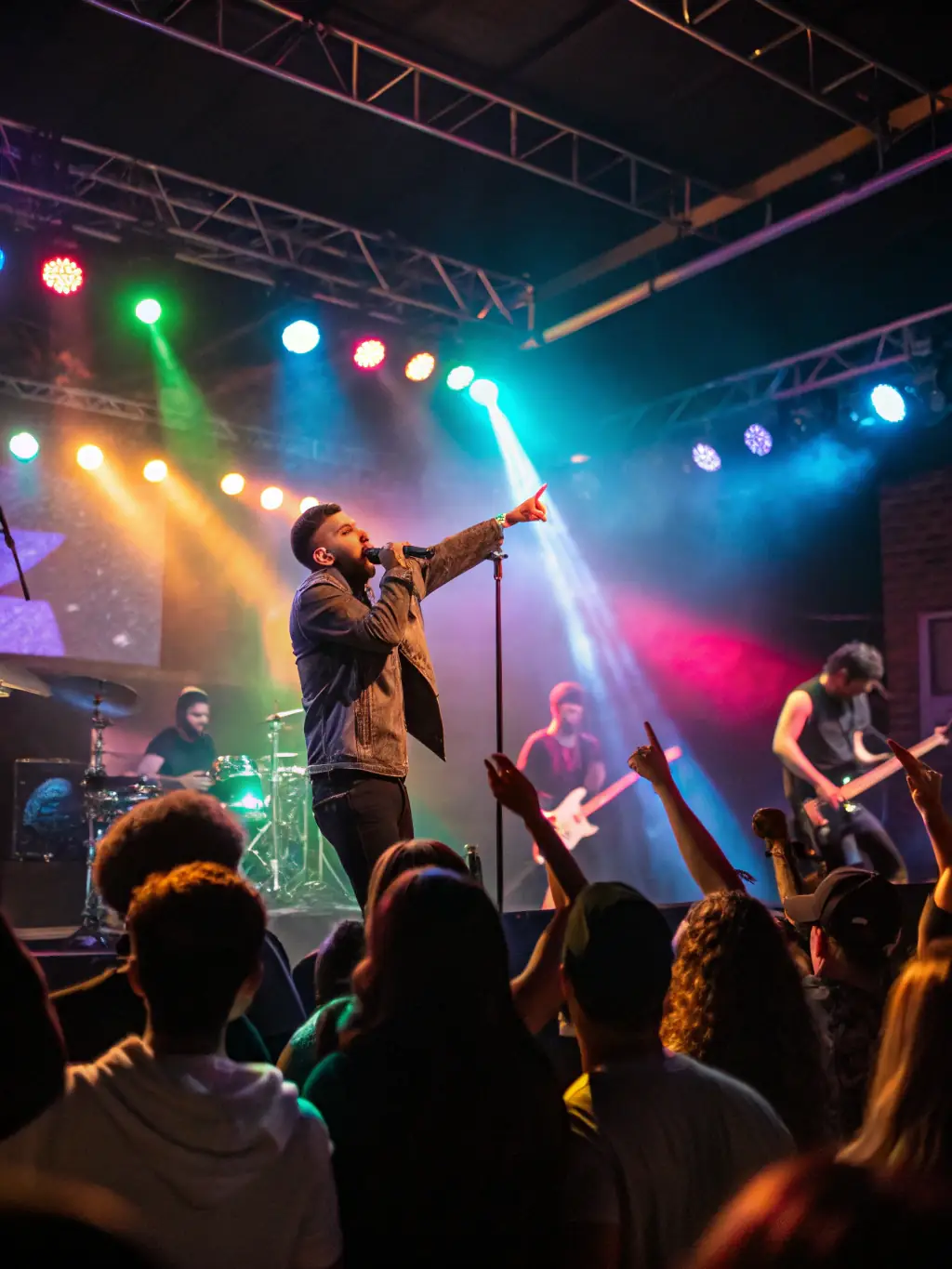 A vibrant photograph capturing a live music performance at a NO FUEL event, showcasing the energy and talent of the artists involved, with a diverse audience enjoying the show.