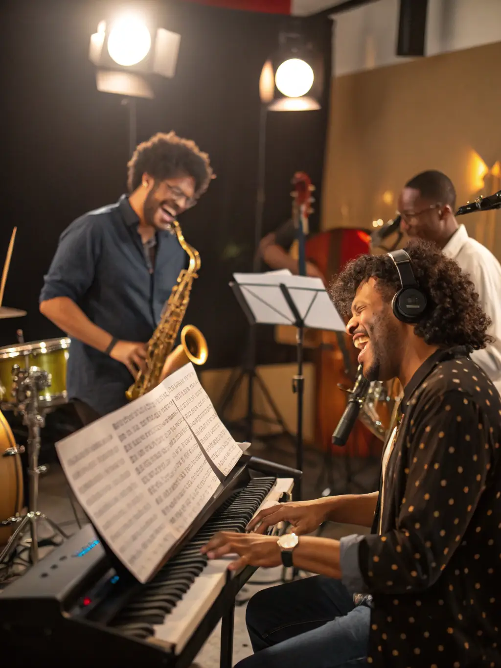 A picture of artists collaborating during a NO FUEL-sponsored jam session, showing musicians from different backgrounds and genres creating music together in a relaxed and supportive environment.