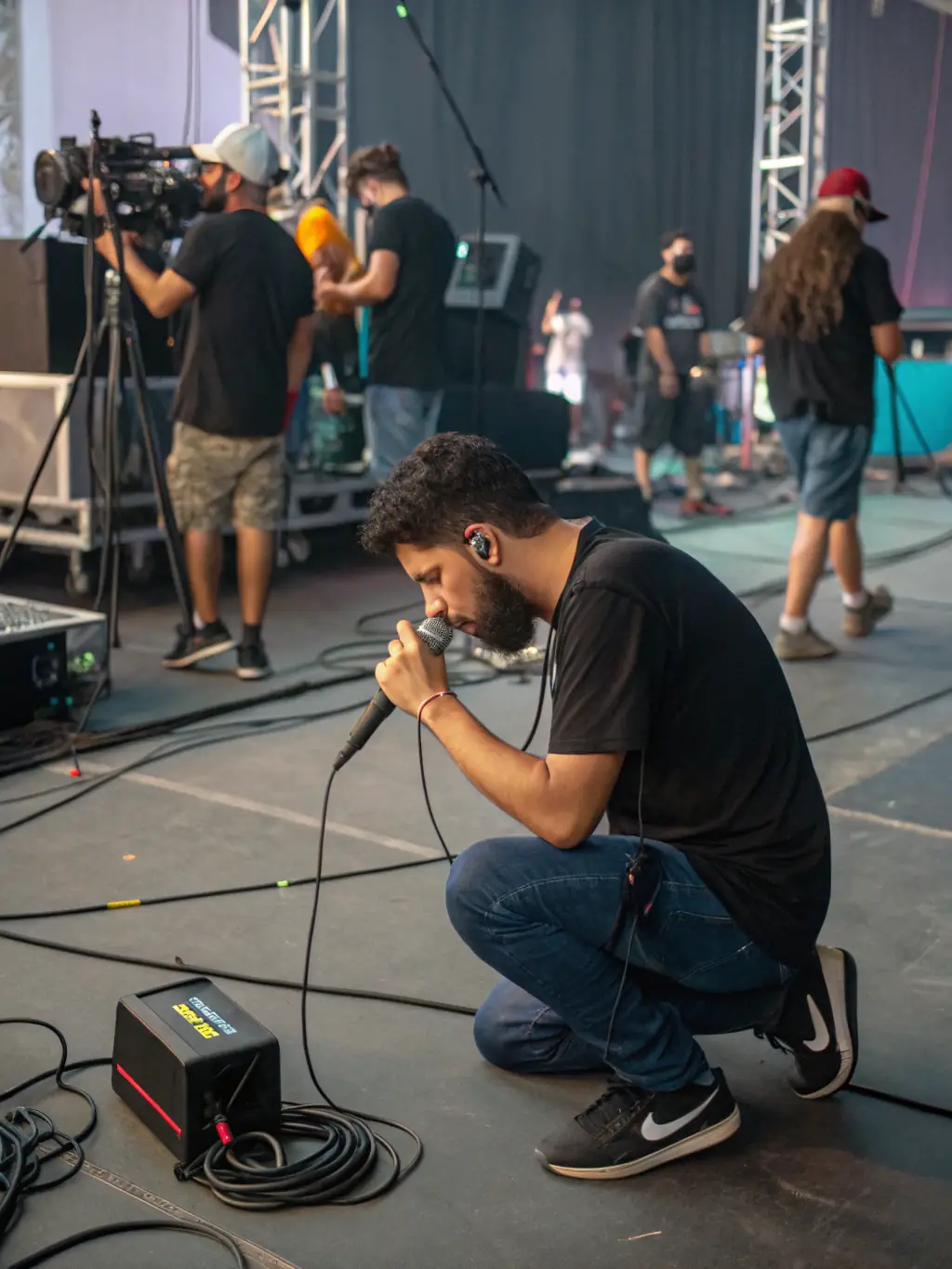 A dynamic image of a diverse group of artists collaborating and setting up equipment for a performance, showcasing the collaborative spirit and hands-on support provided by NO FUEL.