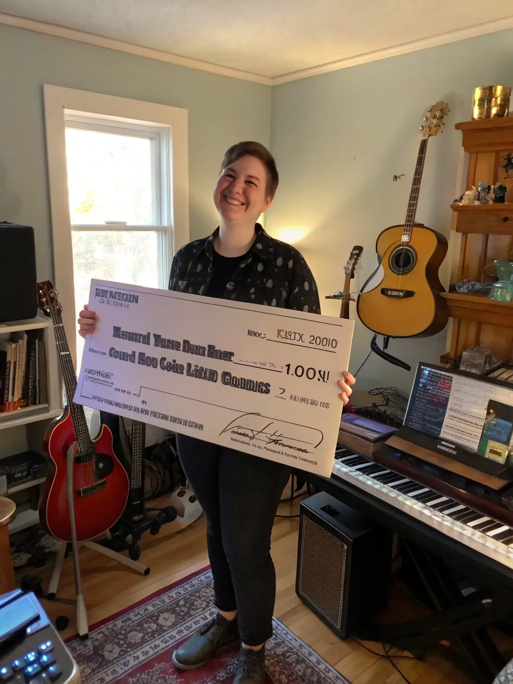 A photograph of a NO FUEL-supported artist receiving a grant check, with representatives from the organization presenting the award and celebrating the artist's achievement.