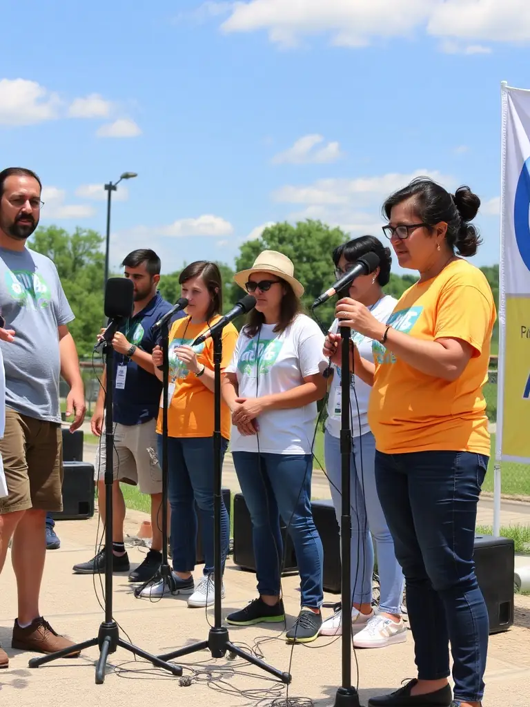 A photo of volunteers setting up equipment for an outdoor art exhibition supported by NO FUEL, demonstrating the organization's commitment to providing resources for artists.