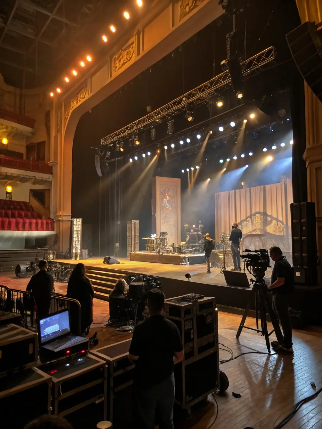 A well-lit stage with professional sound equipment, ready for a performance, symbolizing the high-quality resources NO FUEL provides to artists.