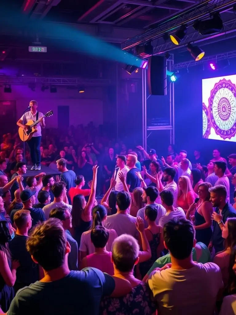 A vibrant photograph capturing a live music performance at a NO FUEL-sponsored event, showcasing the energy and talent of the artists involved, with a diverse audience enjoying the show.