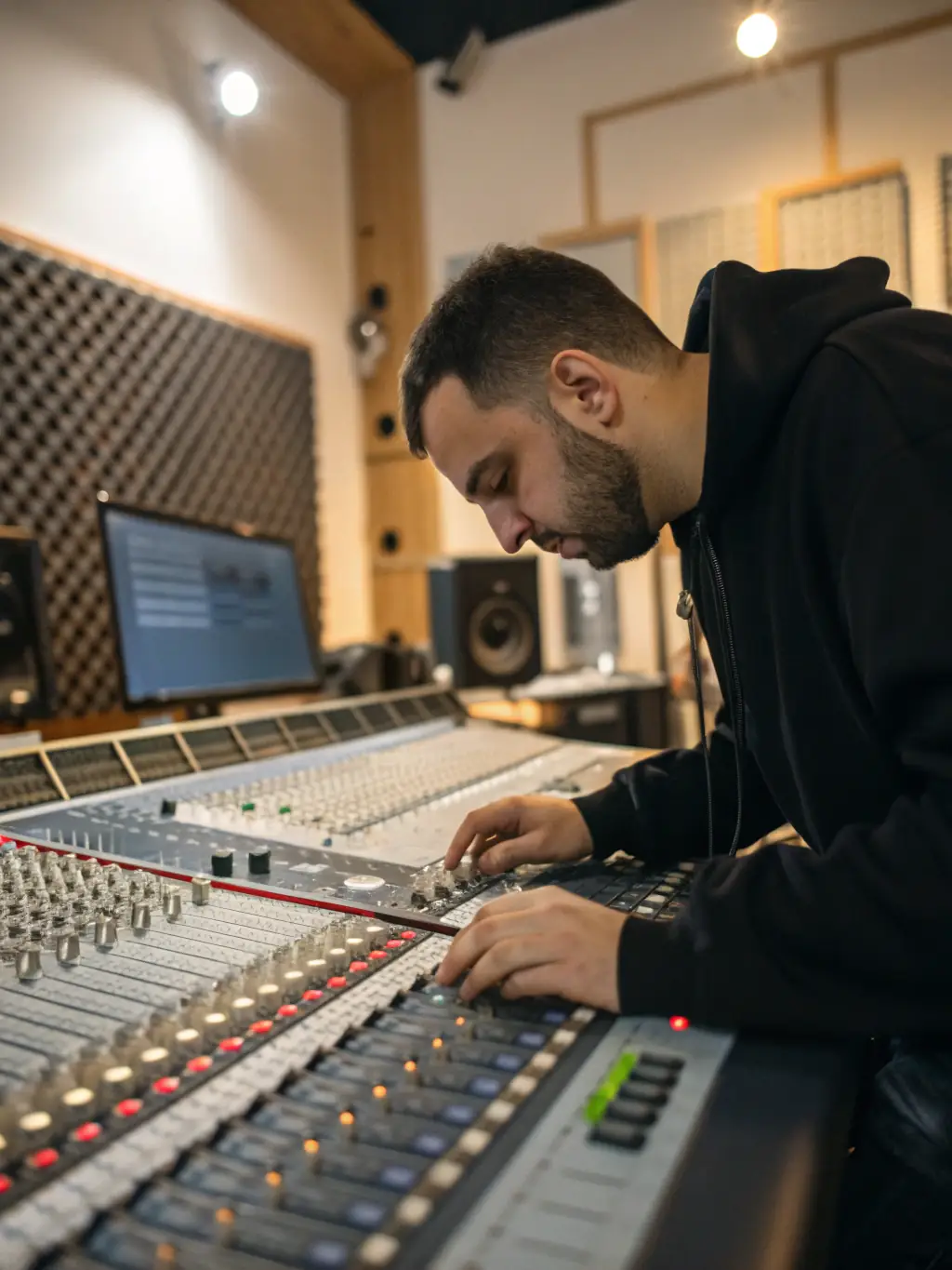 A close-up shot of an artist using high-quality equipment provided by NO FUEL, highlighting the organization's investment in supporting artists' technical needs.
